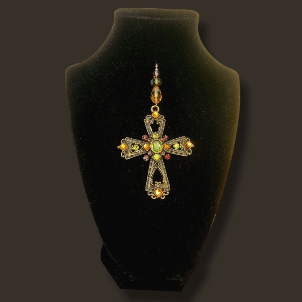 Cross Pendent, Antique Gold Tone With Faceted Stones and Beads, 4 1/4" x 2 1/4"